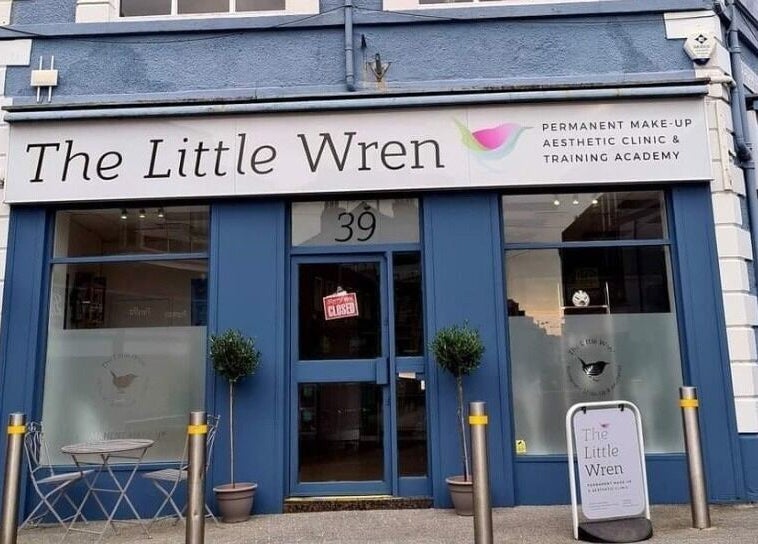 The Little Wren facade in Caernarfon, Wales, GB showcasing elegant blue and white exterior.