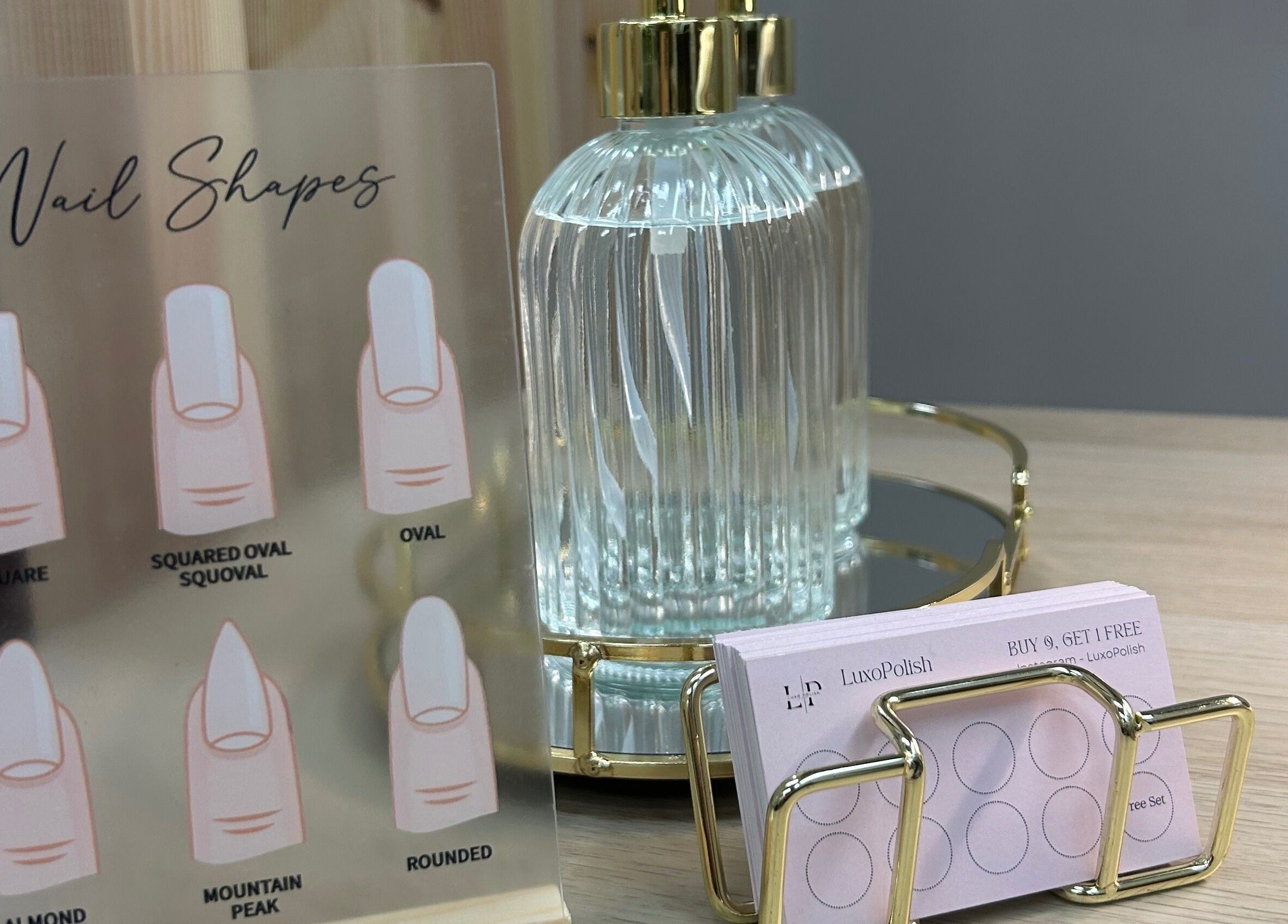 LuxoPolish nail shapes guide and offers at Castlethorpe, England, GB displayed with elegant decor.