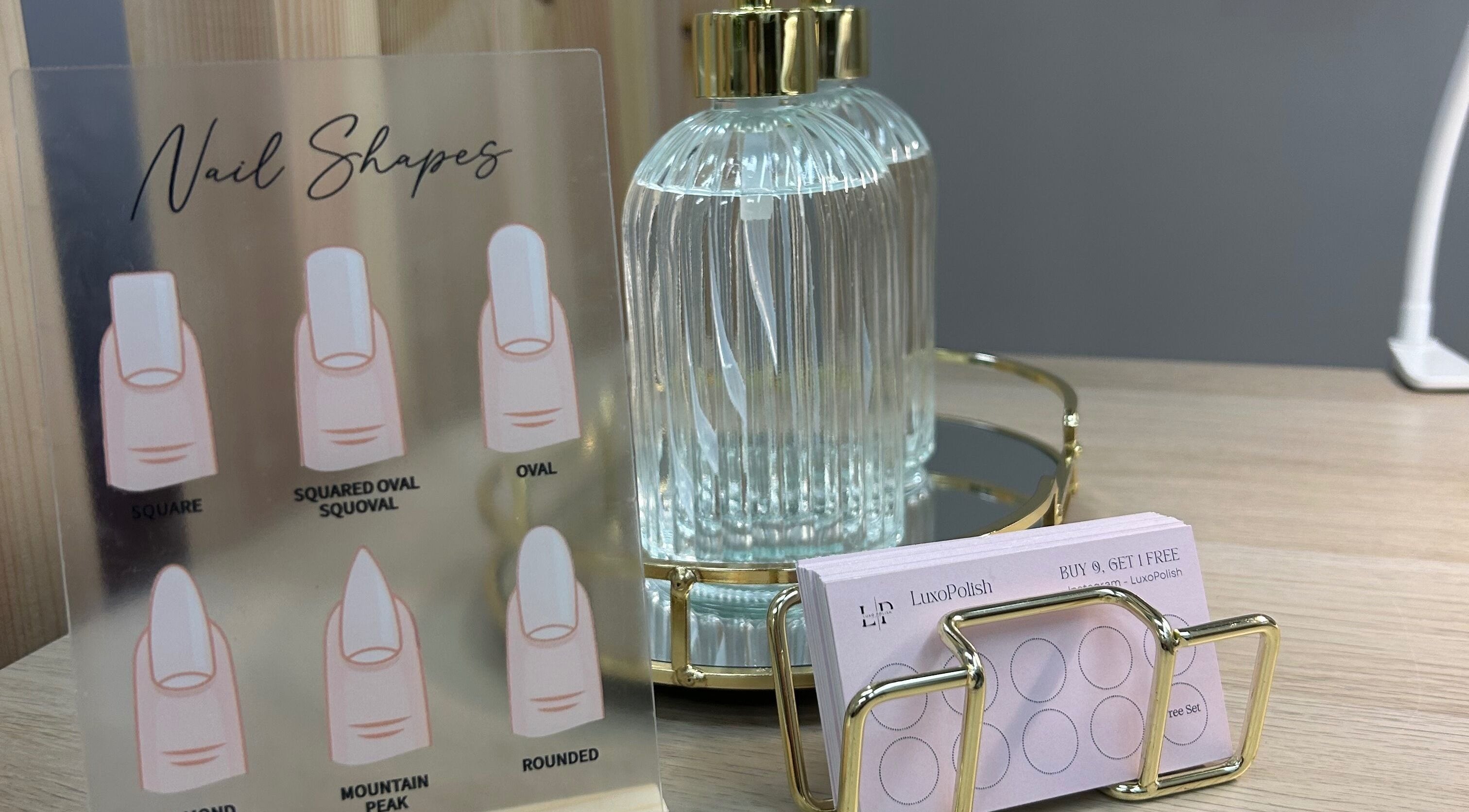 LuxoPolish nail shapes guide and offers at Castlethorpe, England, GB displayed with elegant decor.