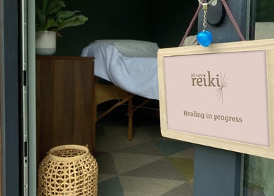 Healing room sign at Jill Cary Reiki - Rusthall, Royal Tunbridge Wells, England, GB with bed inside.