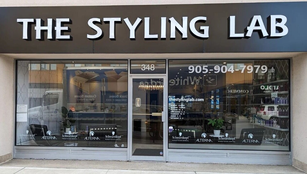 Front view of The Styling Lab by Kali in Oakville, Ontario, CA showcasing its modern entrance.