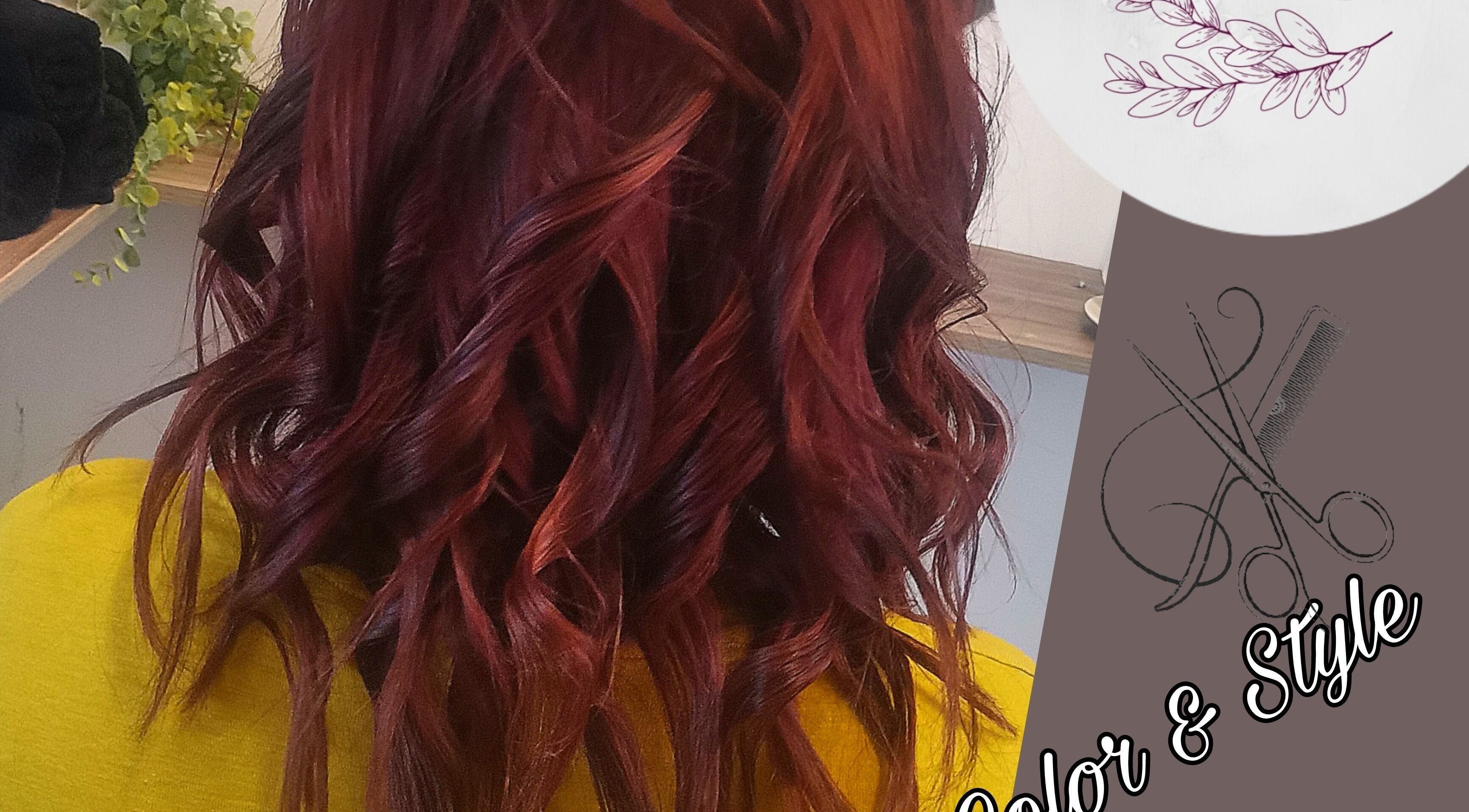 Beautiful crimson curls styled at Gracefully Gorgeous, Kempton Park, Gauteng, ZA salon.