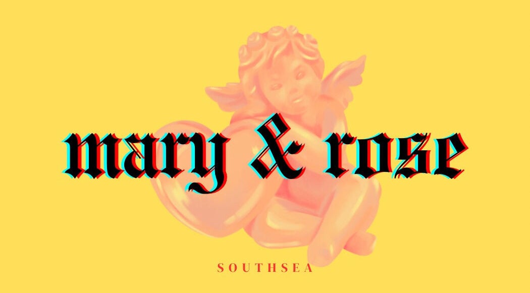 Artistic angel statue with Mary's name on vibrant background at Mary and Rose, Portsmouth, England, GB.