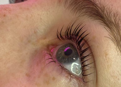Closeup of perfectly styled eyelashes at Mary and Rose, Portsmouth, England, GB.