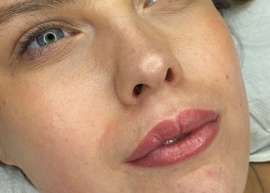Close-up of lip enhancement at Jade Brennan Permanent Makeup, Cambridge, England, GB.