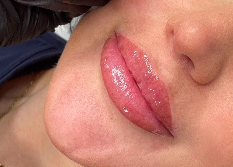Close-up of glossy lips after treatment at Lux&co Beauty Bar, Cardiff, Wales, GB.