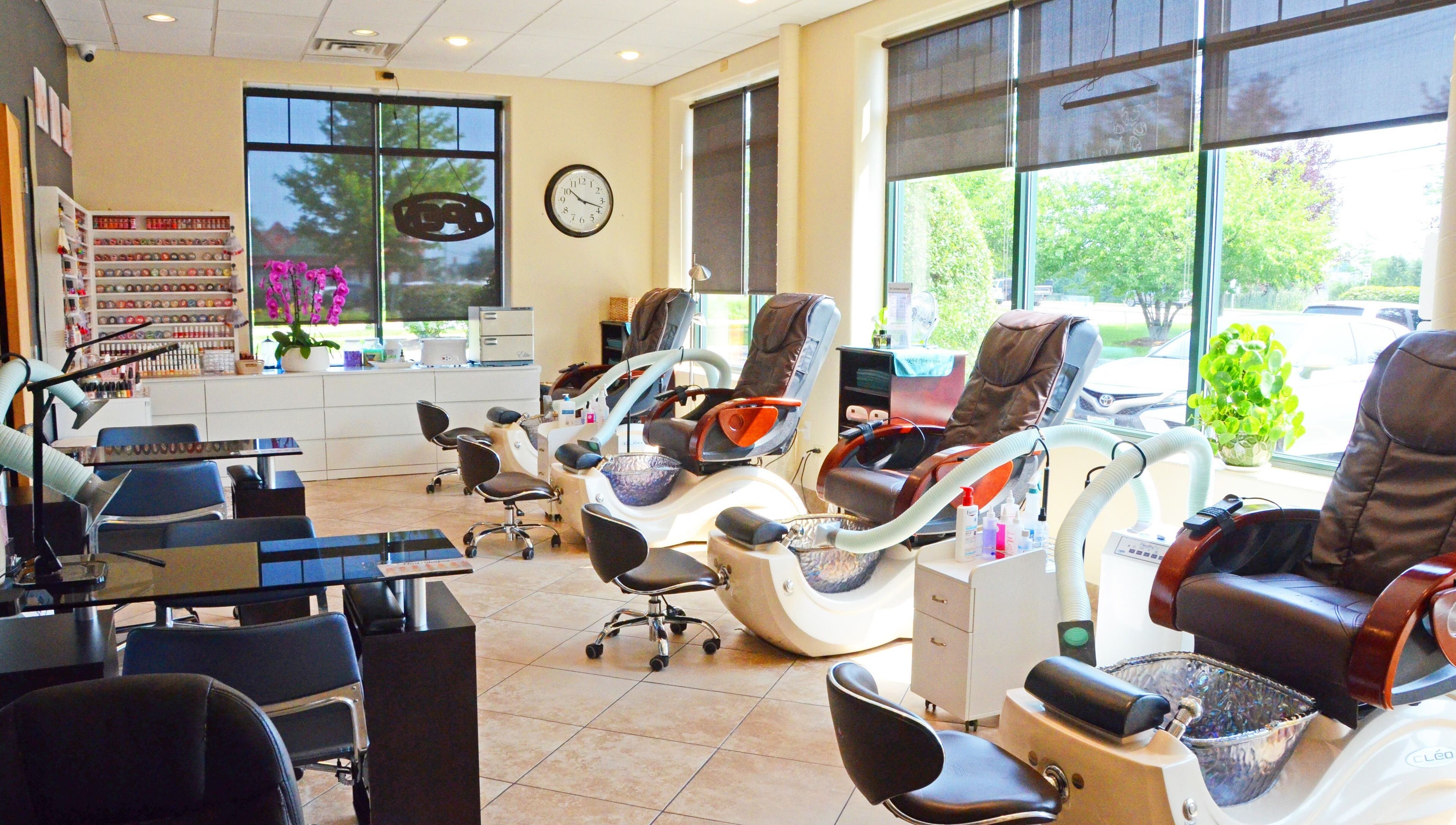 Relaxing pedicure stations at Red Sun Spa, Naperville, Illinois, US, offering a tranquil wellness environment.