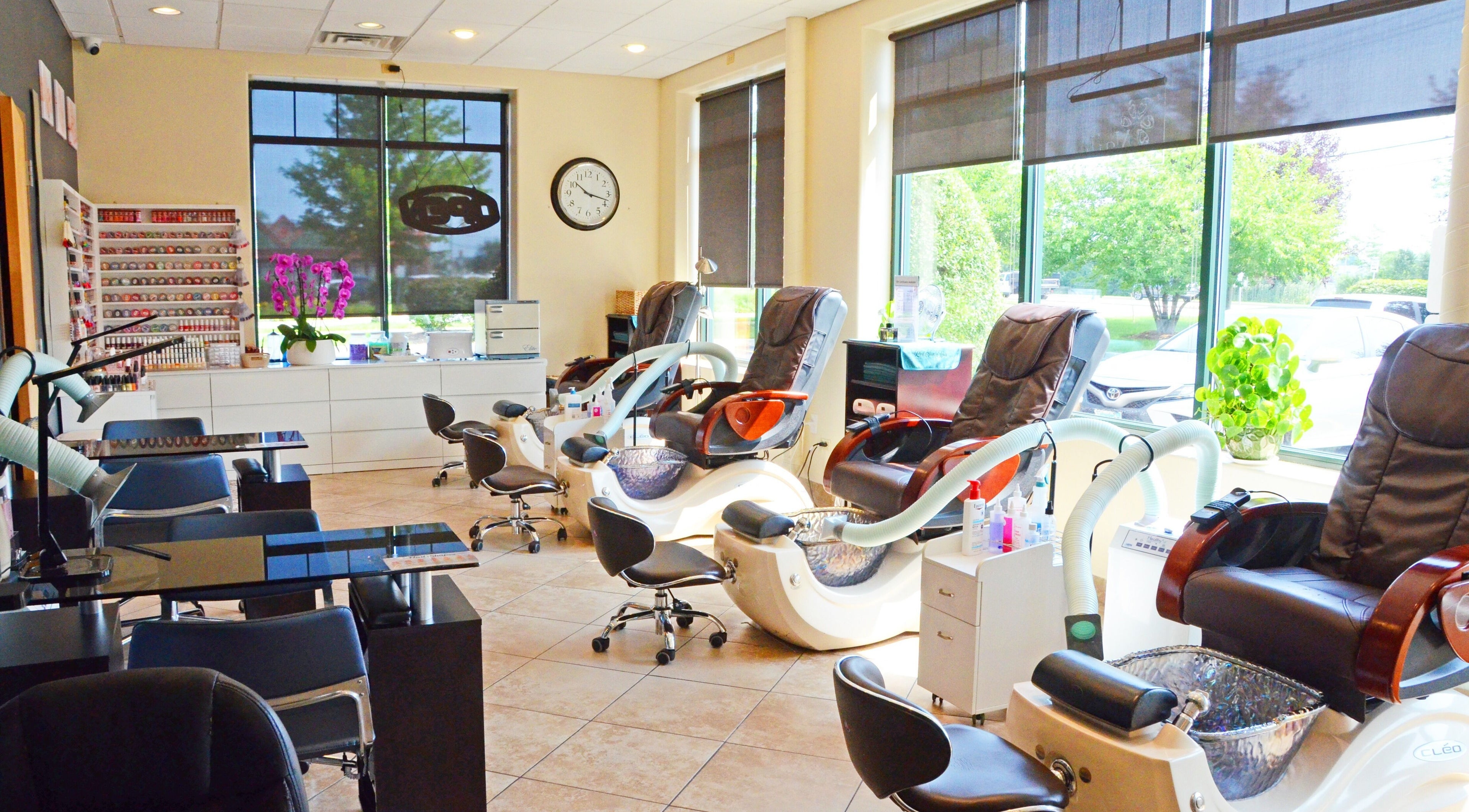Relaxing pedicure stations at Red Sun Spa, Naperville, Illinois, US, offering a tranquil wellness environment.
