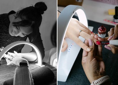 Manicure session at Noa Nails & Beauty Lounge, Cape Town, Western Cape, ZA, showcasing nail art application under LED light.