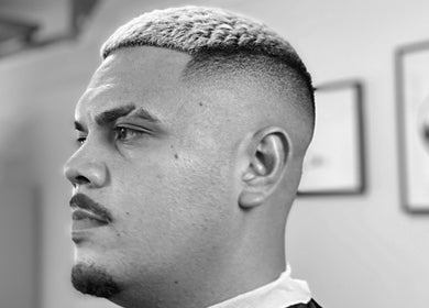 Close-up of stylish fade haircut at Vision Studio in Coomera, Queensland, AU.