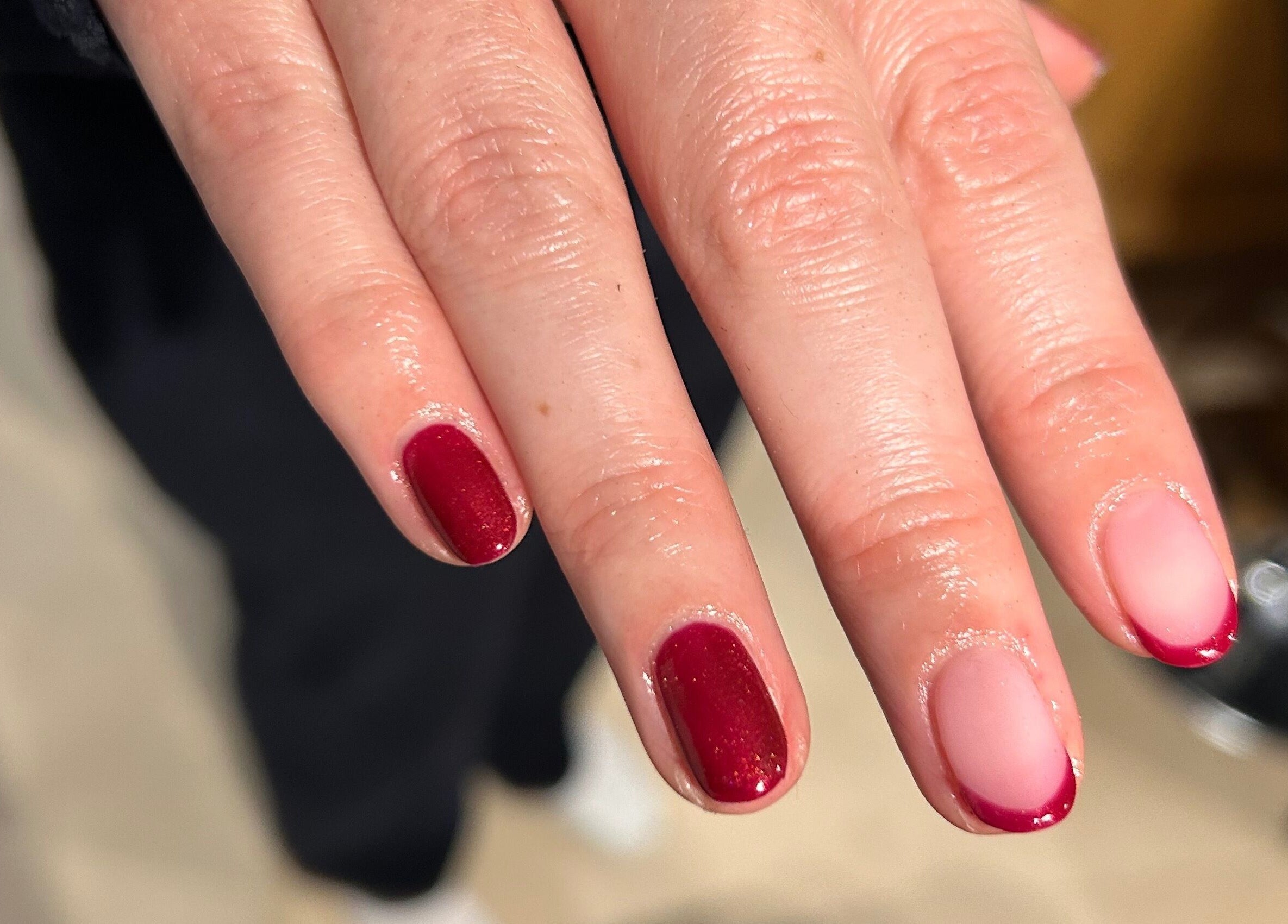 Stylish red and pink manicure at Hollie's Beauty, Redbourn, England, GB.