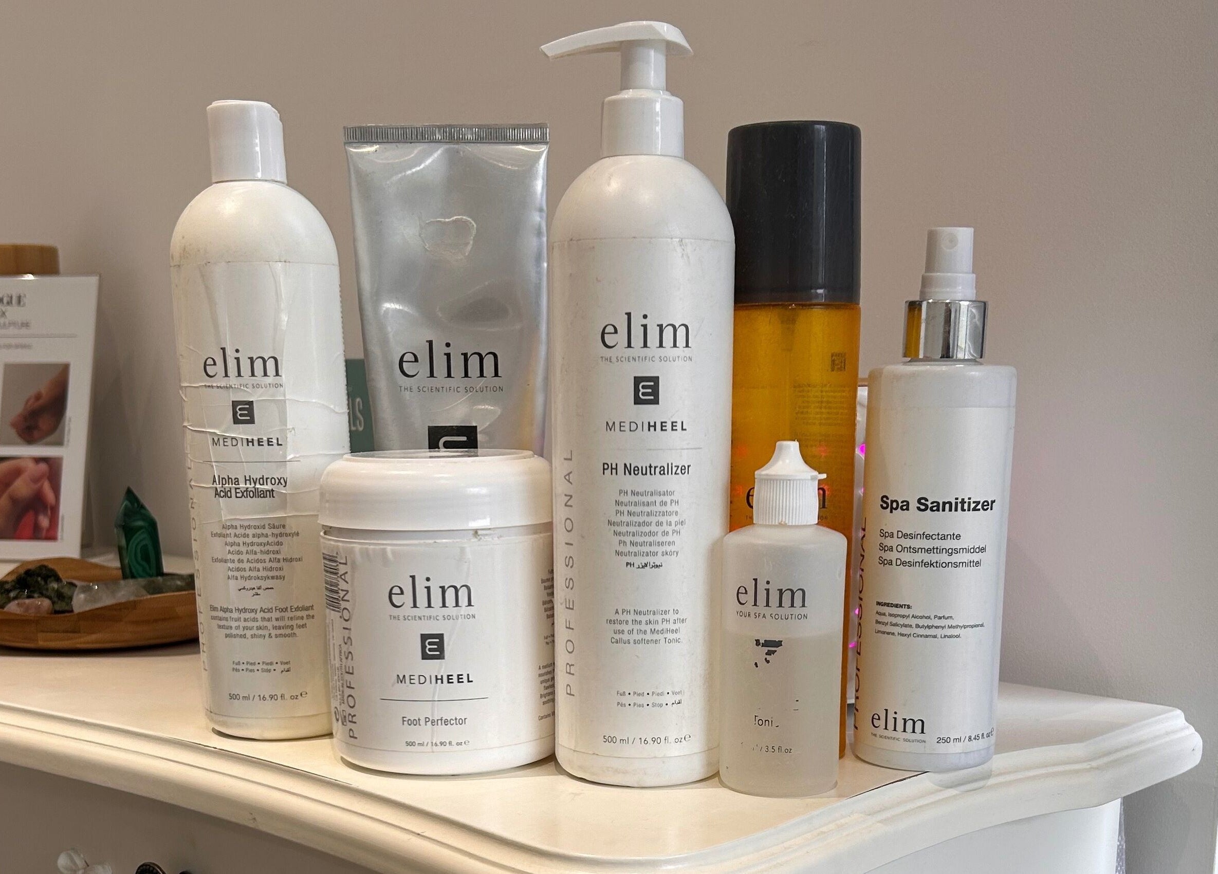 Elim spa products displayed on a shelf at Hollie's Beauty in Redbourn, England, GB.