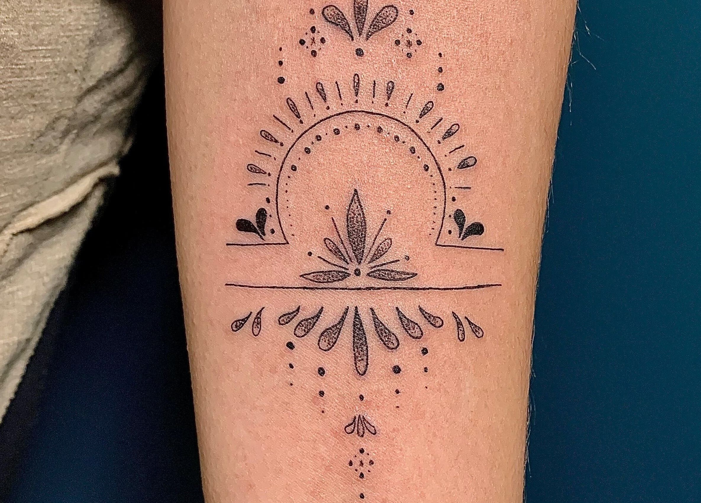 Intricate tattoo design at Ebb and Flow Studio IL, Peru, Illinois, US.