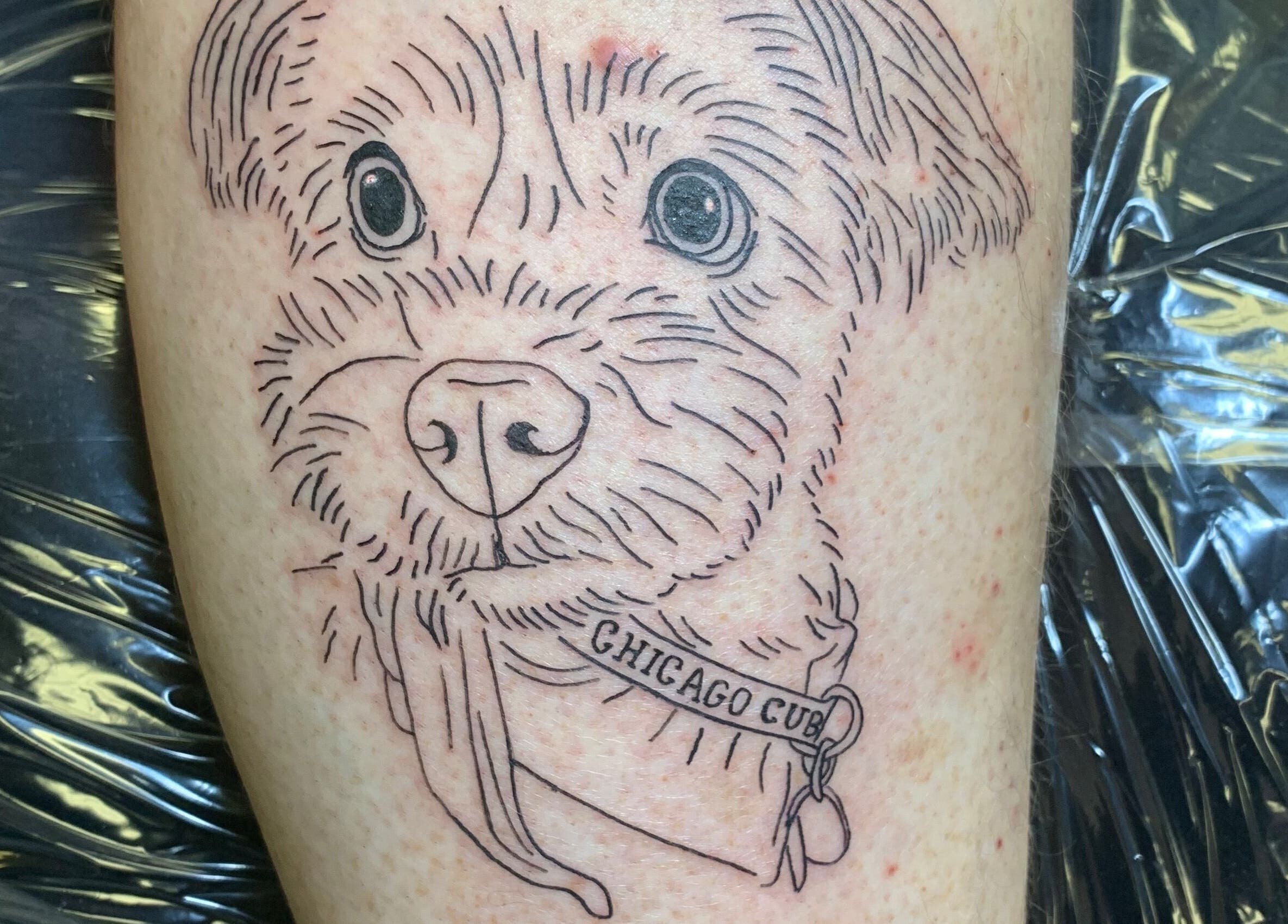 Detailed puppy tattoo showcasing artistry at Ebb and Flow Studio IL in Peru, Illinois, US.