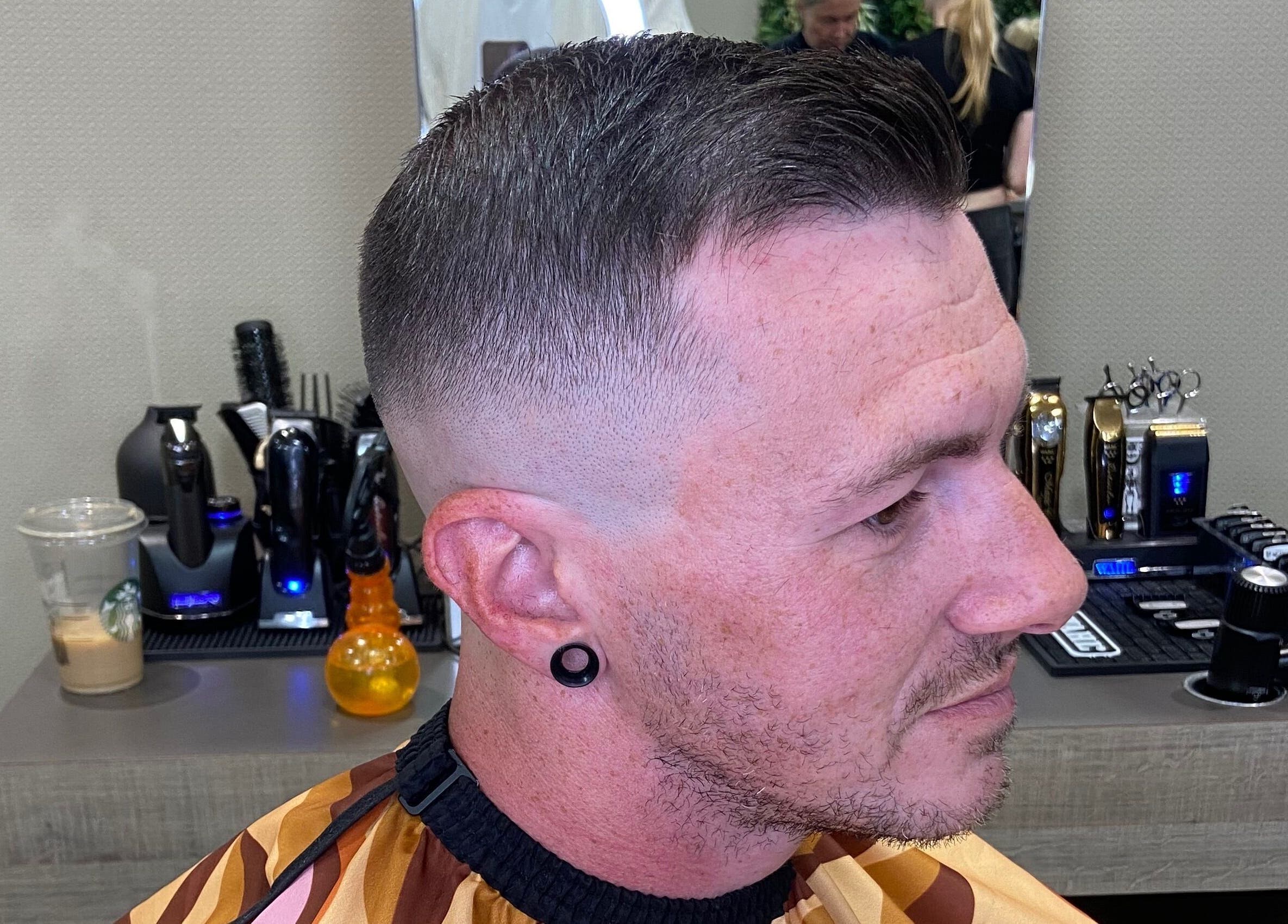 Close-up of a fresh haircut at Jay’s Barbering at Beaujolais Hair, Dunstable, England, GB.