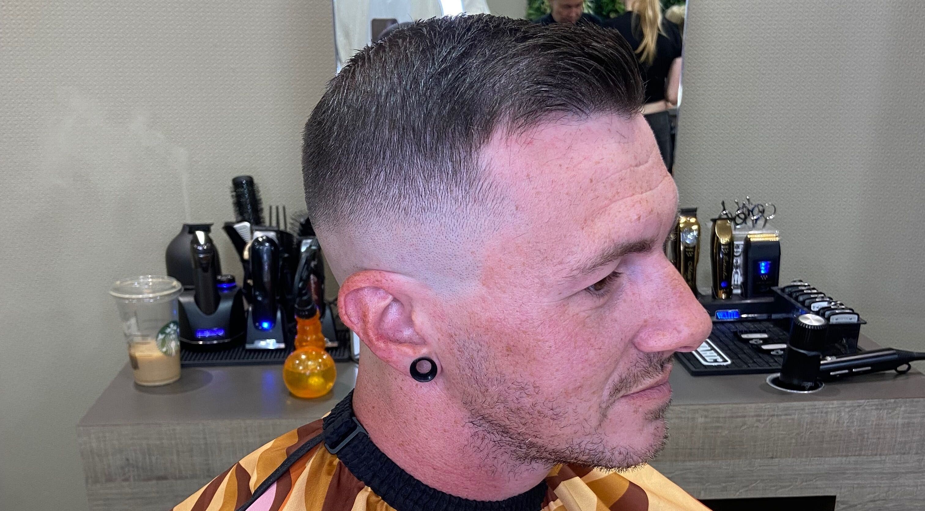 Close-up of a fresh haircut at Jay’s Barbering at Beaujolais Hair, Dunstable, England, GB.