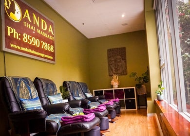 Relaxing massage chairs at Anda Thai Massage (CBD), Melbourne, Victoria, AU, offering a serene atmosphere.