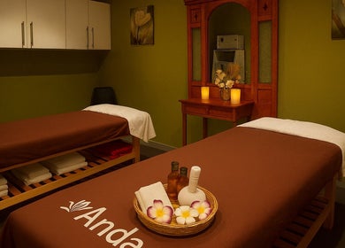 Serene massage room at Anda Thai Massage (CBD), Melbourne, Victoria, AU with dual beds and soothing decor.