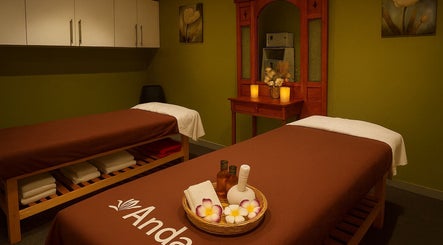 Serene massage room at Anda Thai Massage (CBD), Melbourne, Victoria, AU with dual beds and soothing decor.