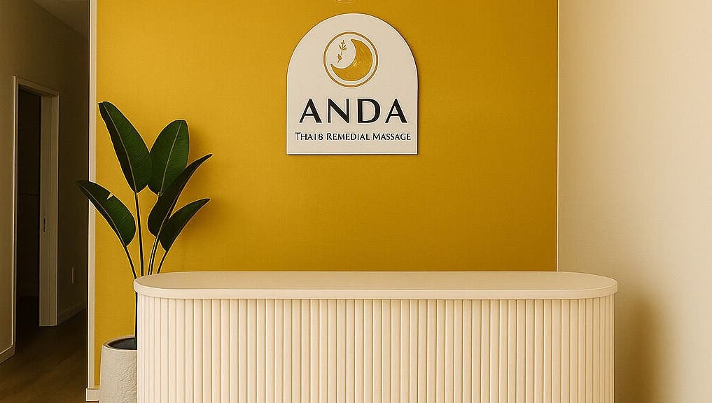 Reception at Anda (Camberwell) Thai Massage & Remedial Massage, Melbourne, Victoria, AU with warm yellow tones.