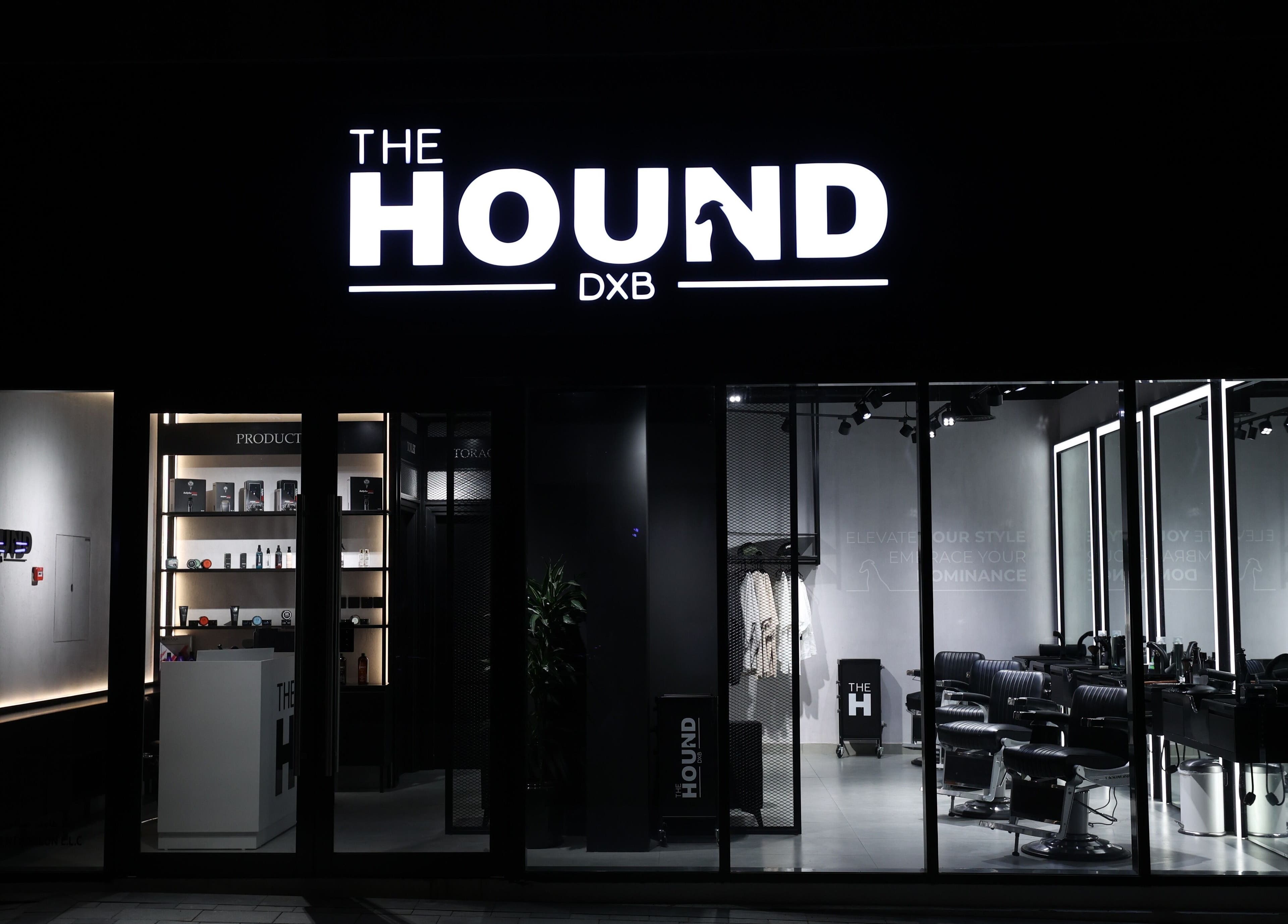 Front view of The Hound DXB salon in Dubai, Dubai, AE, showcasing its sleek modern design.