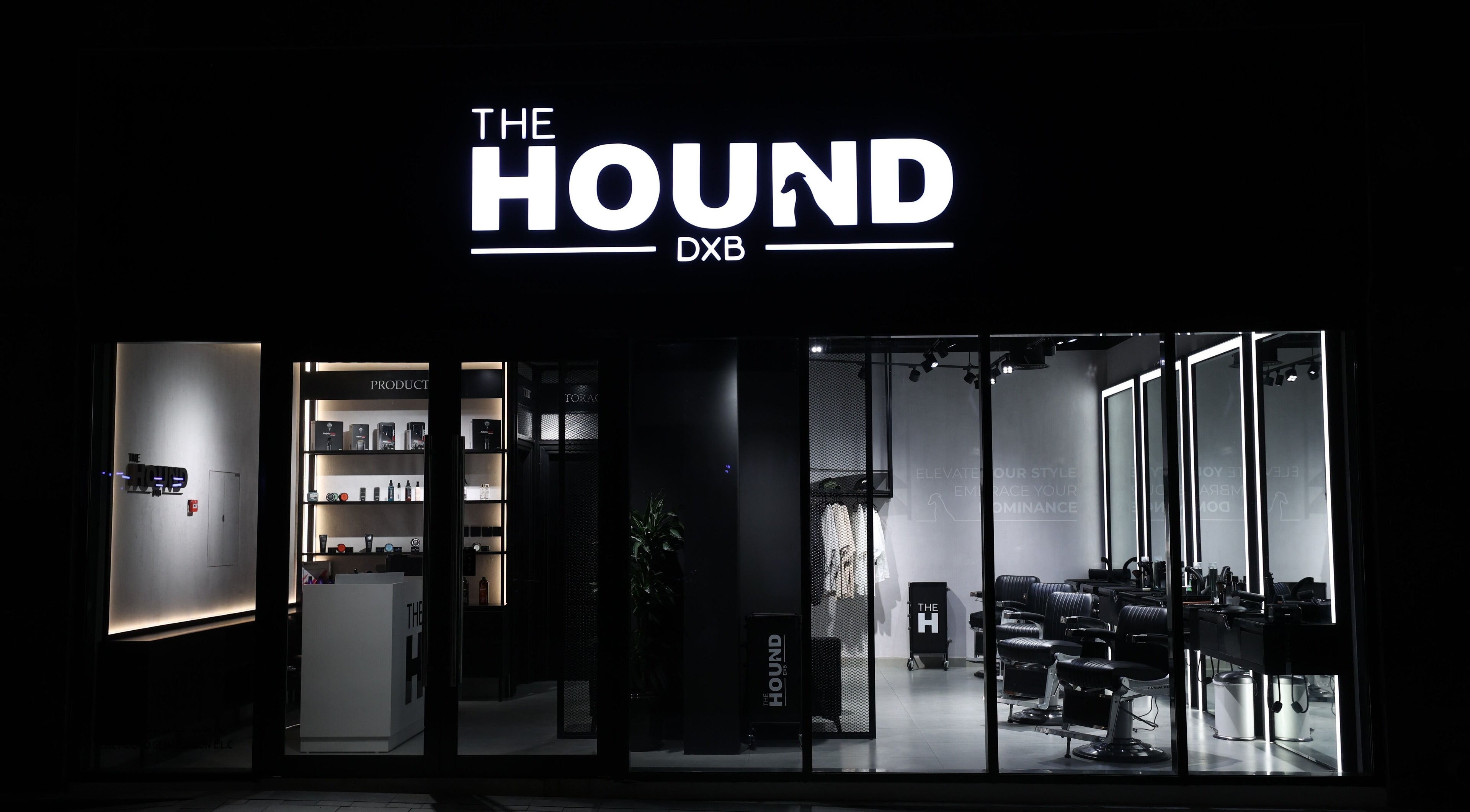 Front view of The Hound DXB salon in Dubai, Dubai, AE, showcasing its sleek modern design.