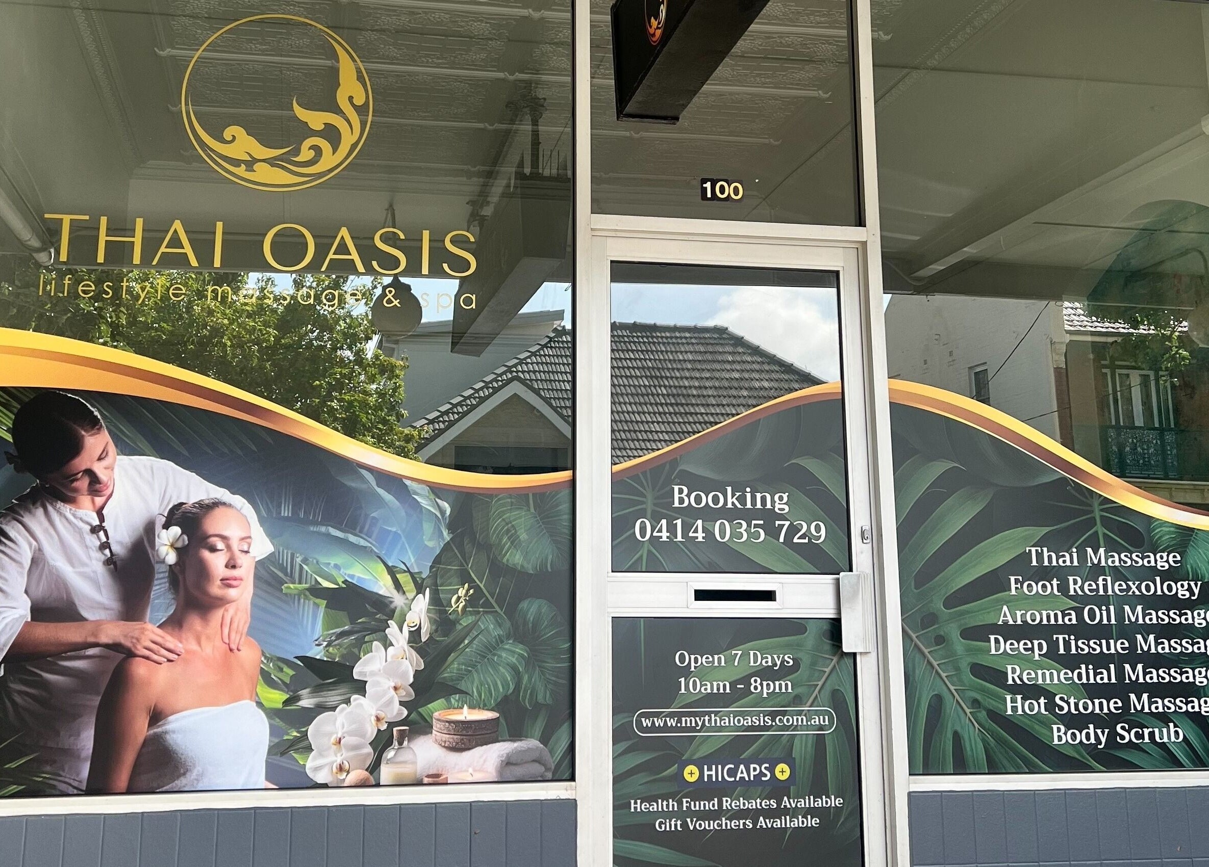 Front window of Thai Oasis Lifestyle Massage & Spa, Stanmore, New South Wales, showcasing massage offerings.