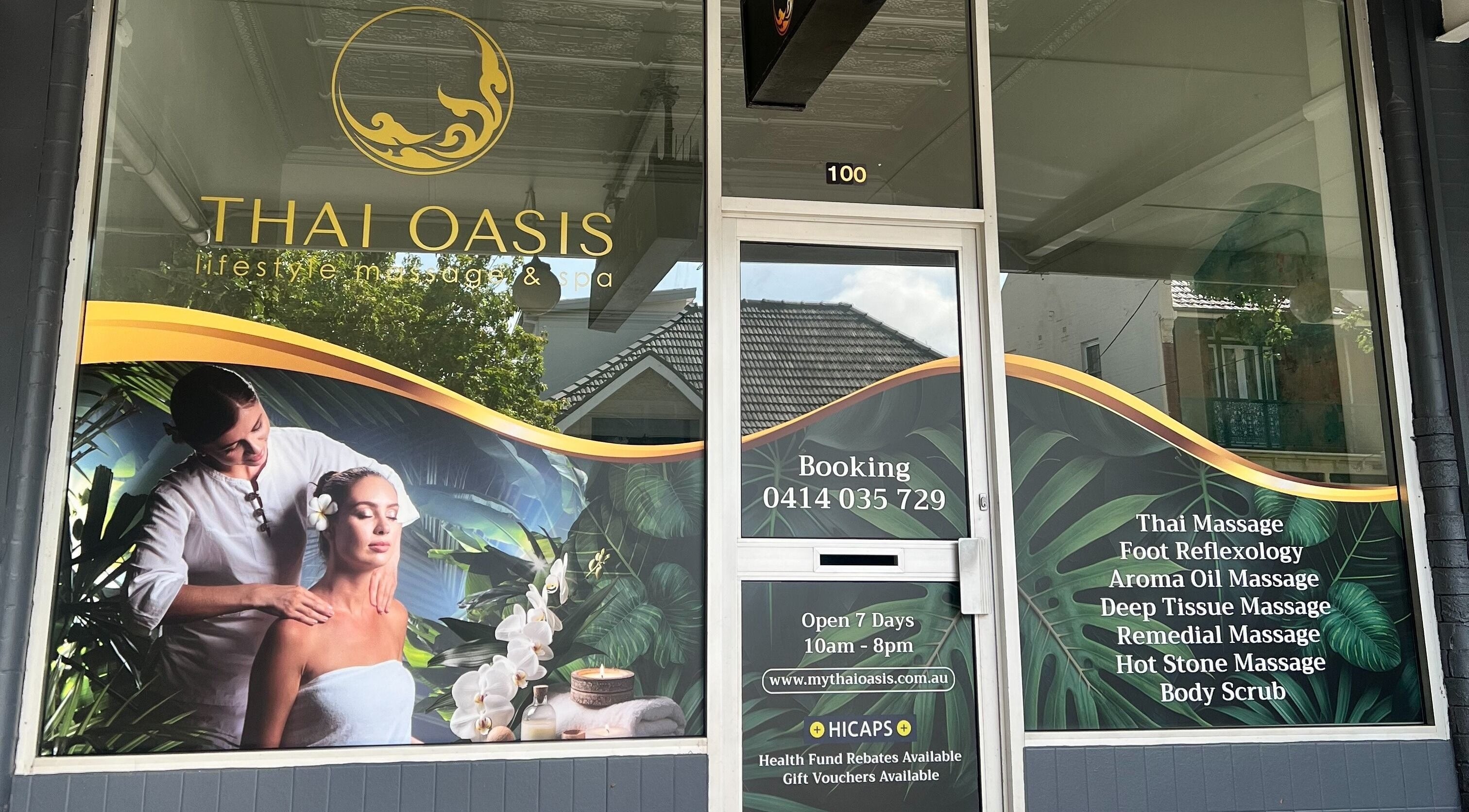 Front window of Thai Oasis Lifestyle Massage & Spa, Stanmore, New South Wales, showcasing massage offerings.