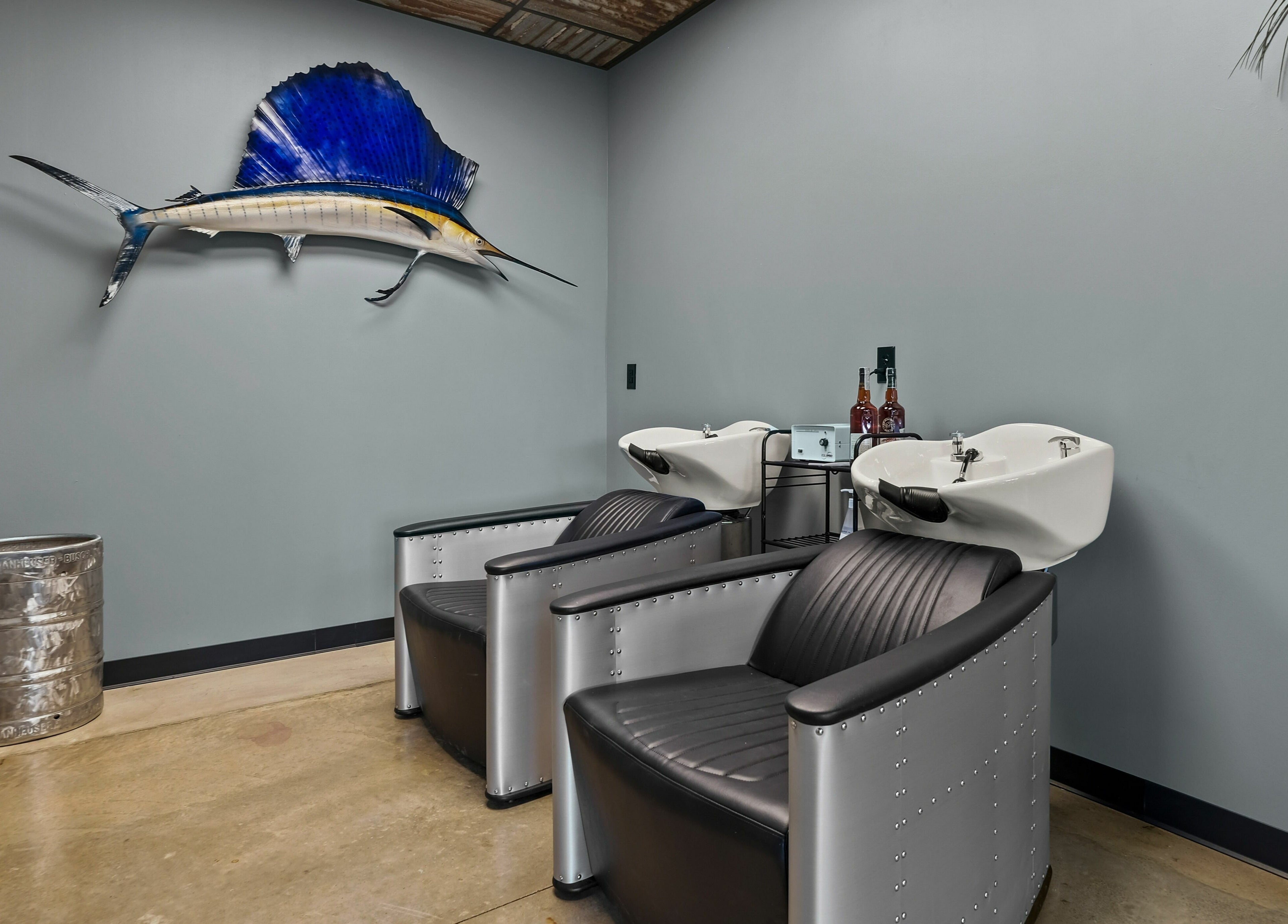 Modern wash chairs at Mancave Cenla, Pineville, Louisiana, US with a nautical theme.
