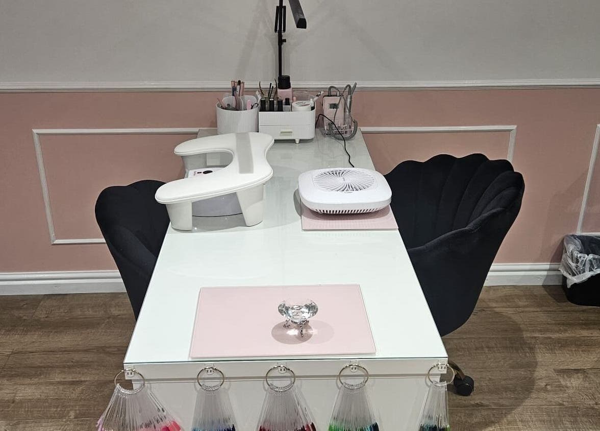 Elegant nail station at Precious Beauty in Hull, England, GB with stylish decor and nail tools.