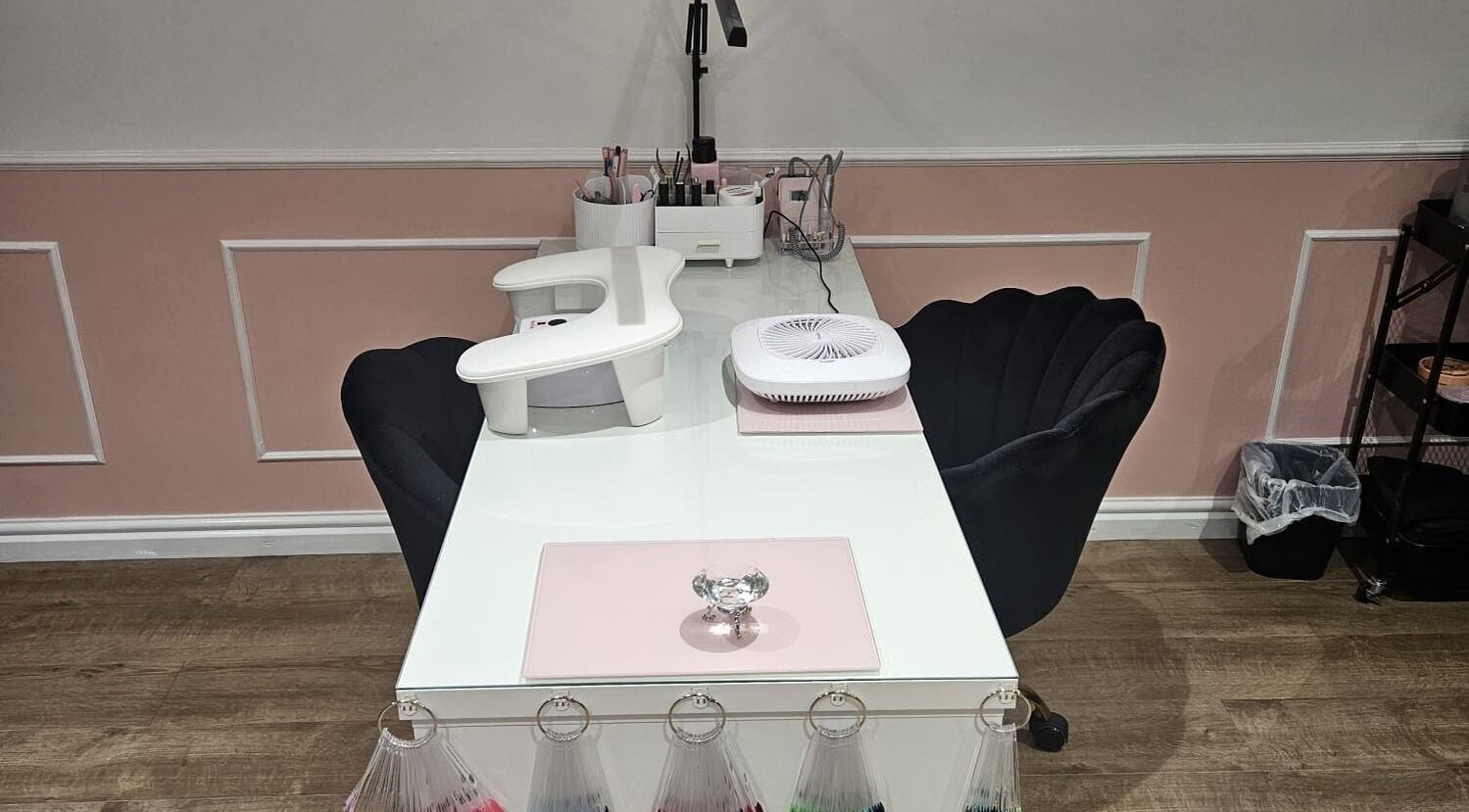 Elegant nail station at Precious Beauty in Hull, England, GB with stylish decor and nail tools.