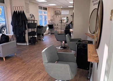 Modern salon interior at Stacey Crossley Make-up & Beauty, Brighouse, England, GB with stylish seating and decor.