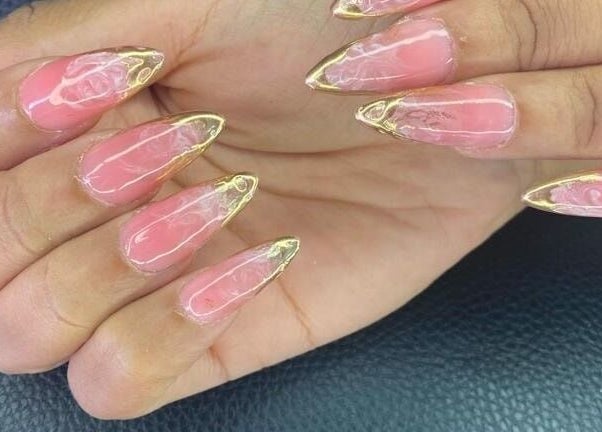Elegant pink and gold nails crafted at Nailz Dezurve Jody, Siparia, Siparia, TT.