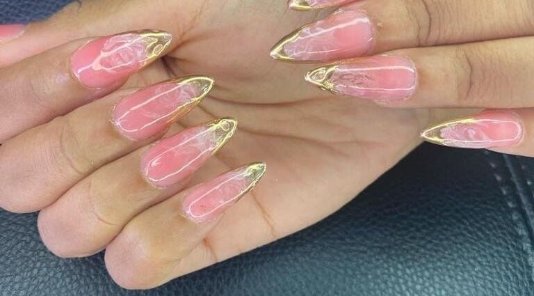 Elegant pink and gold nails crafted at Nailz Dezurve Jody, Siparia, Siparia, TT.
