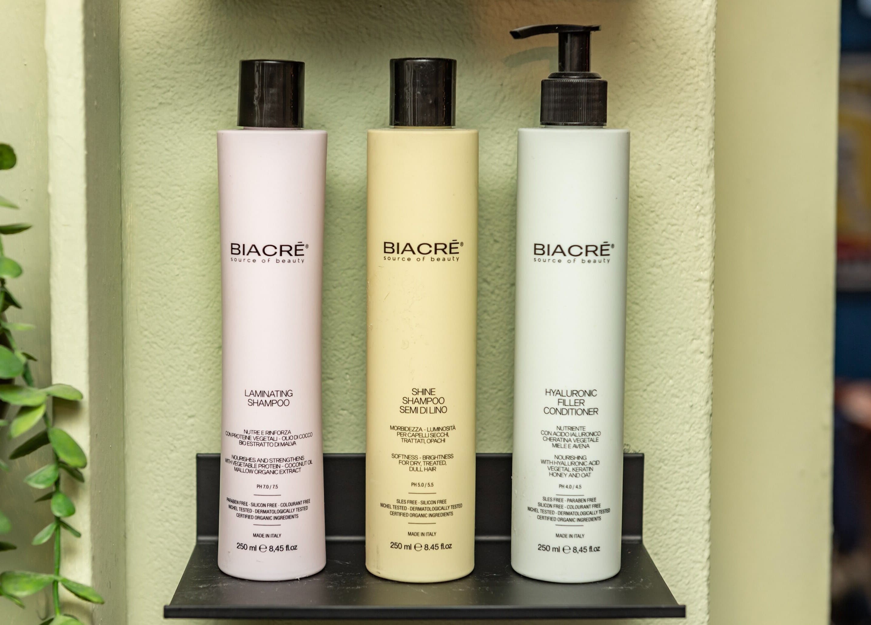 Biacre hair products on display at Hilario, London, England, GB in a refreshing green alcove