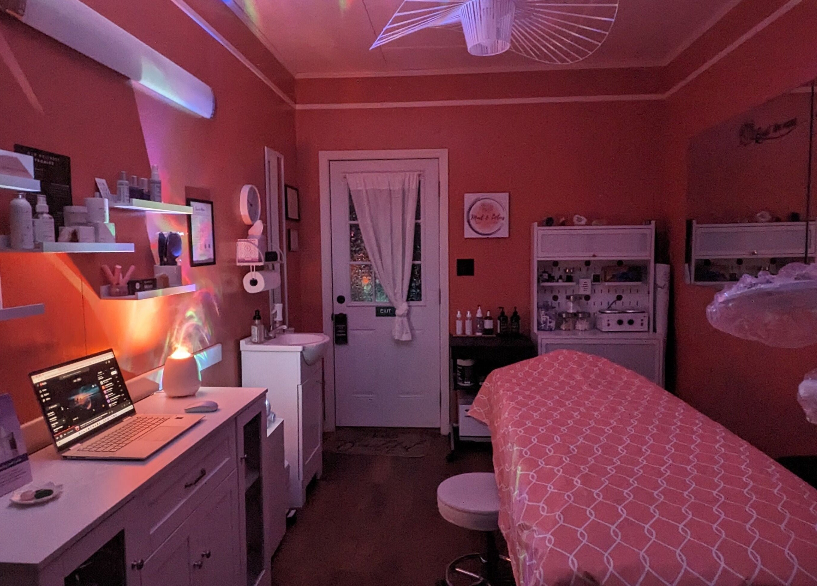 Warm, intimate skincare room at Mud and Lotus Skincare, Burnsville, North Carolina, US.