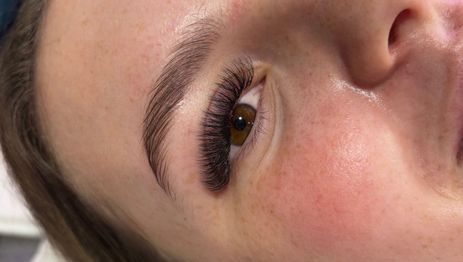 Close-up of expertly applied eyelash extensions at Lashedbykirax, Deal, England, GB, showcasing beauty craftsmanship.