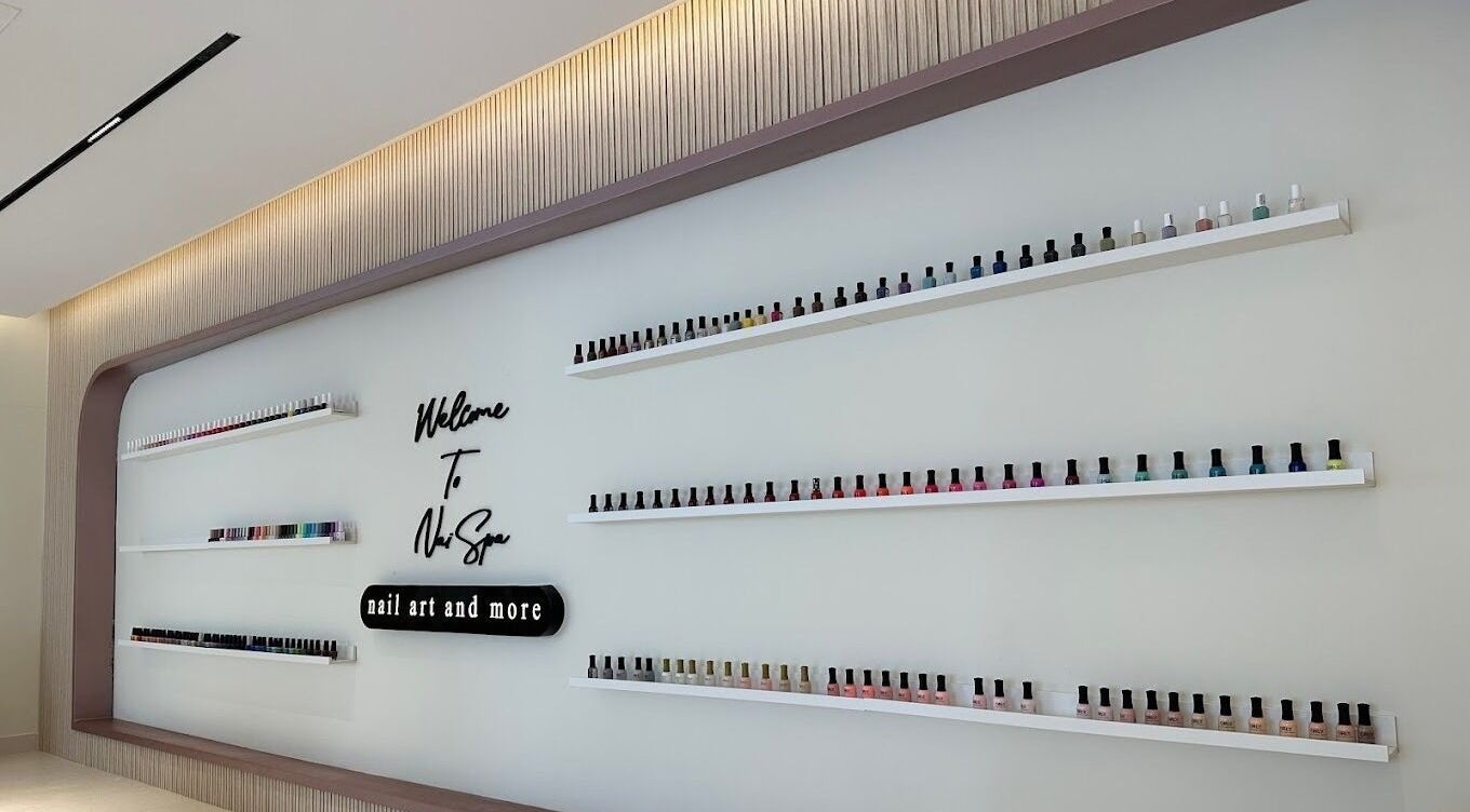 Colorful nail polish display at Nai Spa, Riyadh, Riyadh Province, SA, showcasing nail art options.