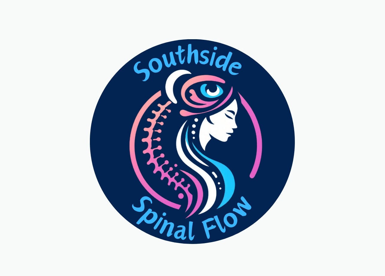 Southside Spinal Flow logo featuring a woman's profile with a stylized spine in Cairns, Queensland, AU.