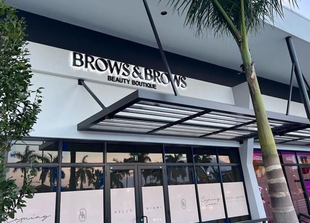 Front view of Brows and Brows beauty boutique in Hallandale Beach, Florida, US, showcasing modern design.