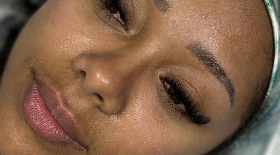 Close-up of a face with flawless skin and long lashes at Chantel’s Beauty Lounge, Brandon, England, GB.