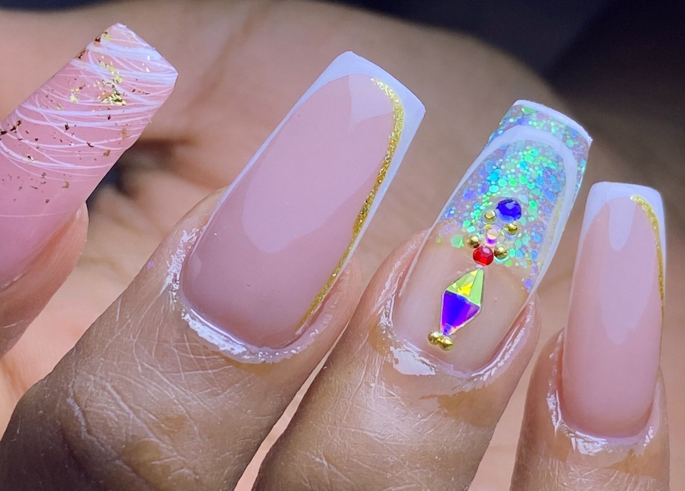 Exquisite nail art with gems at Kshine Aesthetics, Brievengat, Curaçao, CW.