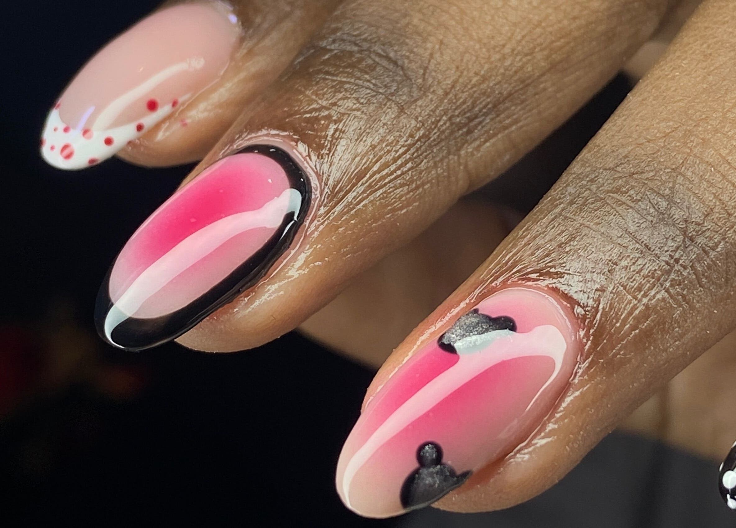 Stylish nail art with pink and black hues at Kshine Aesthetics, Brievengat, Curaçao, CW.