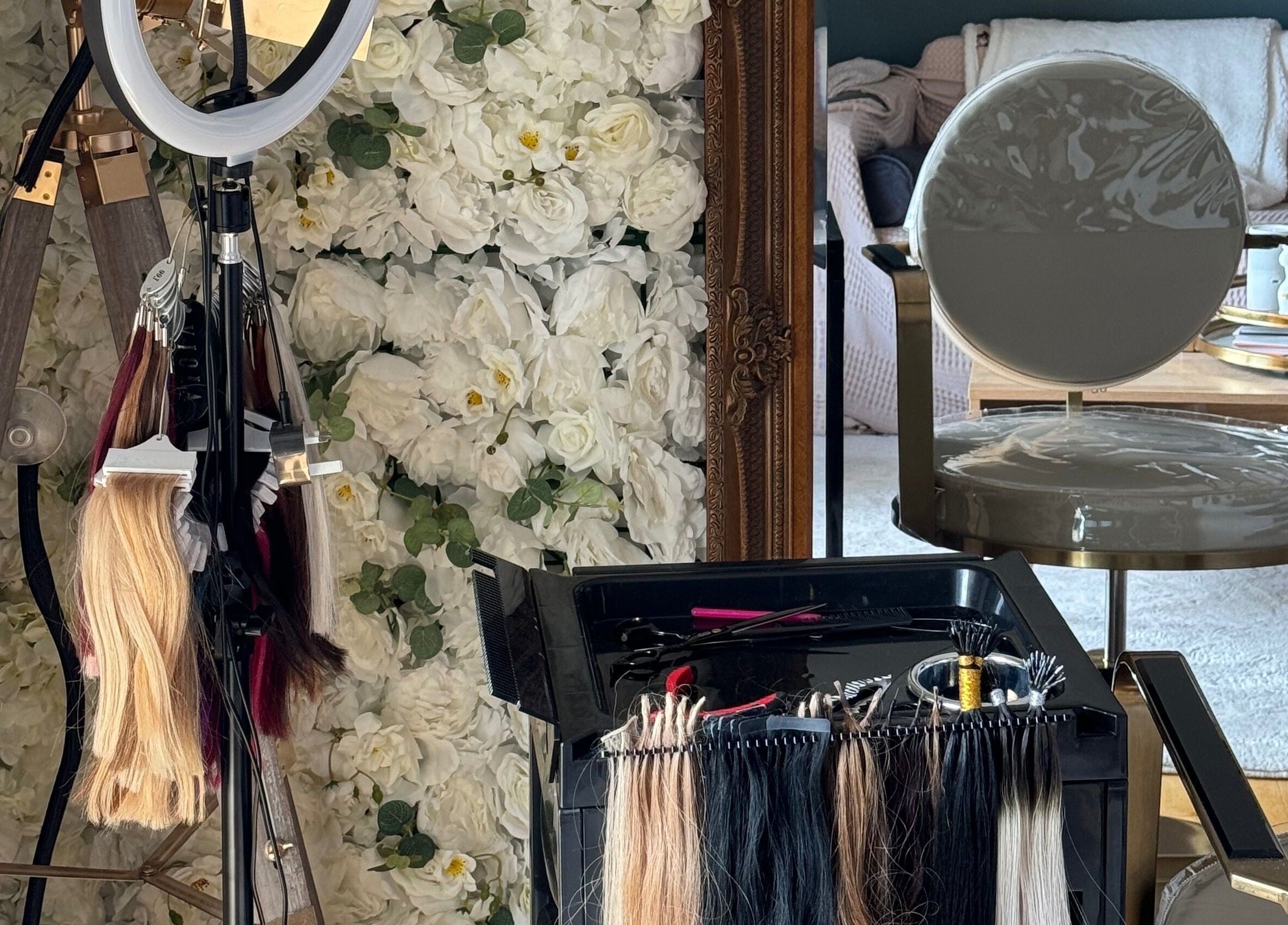 Sophisticated hair extension setup at Hair Extensions by Kinga Liu, Leeds, England, GB.