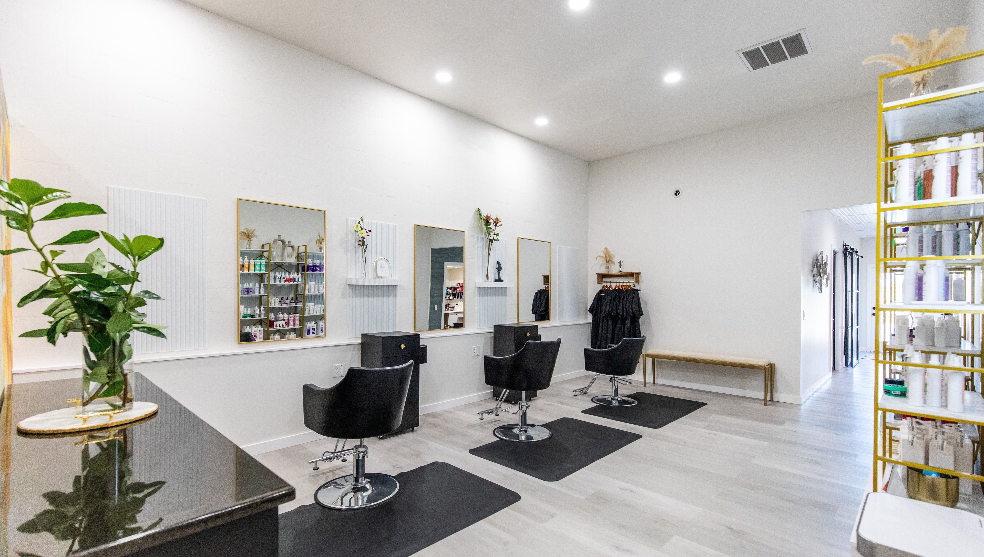 Interior of Elysian Salon and Spa in Vero Beach, Florida, showcasing elegant styling stations and modern decor.