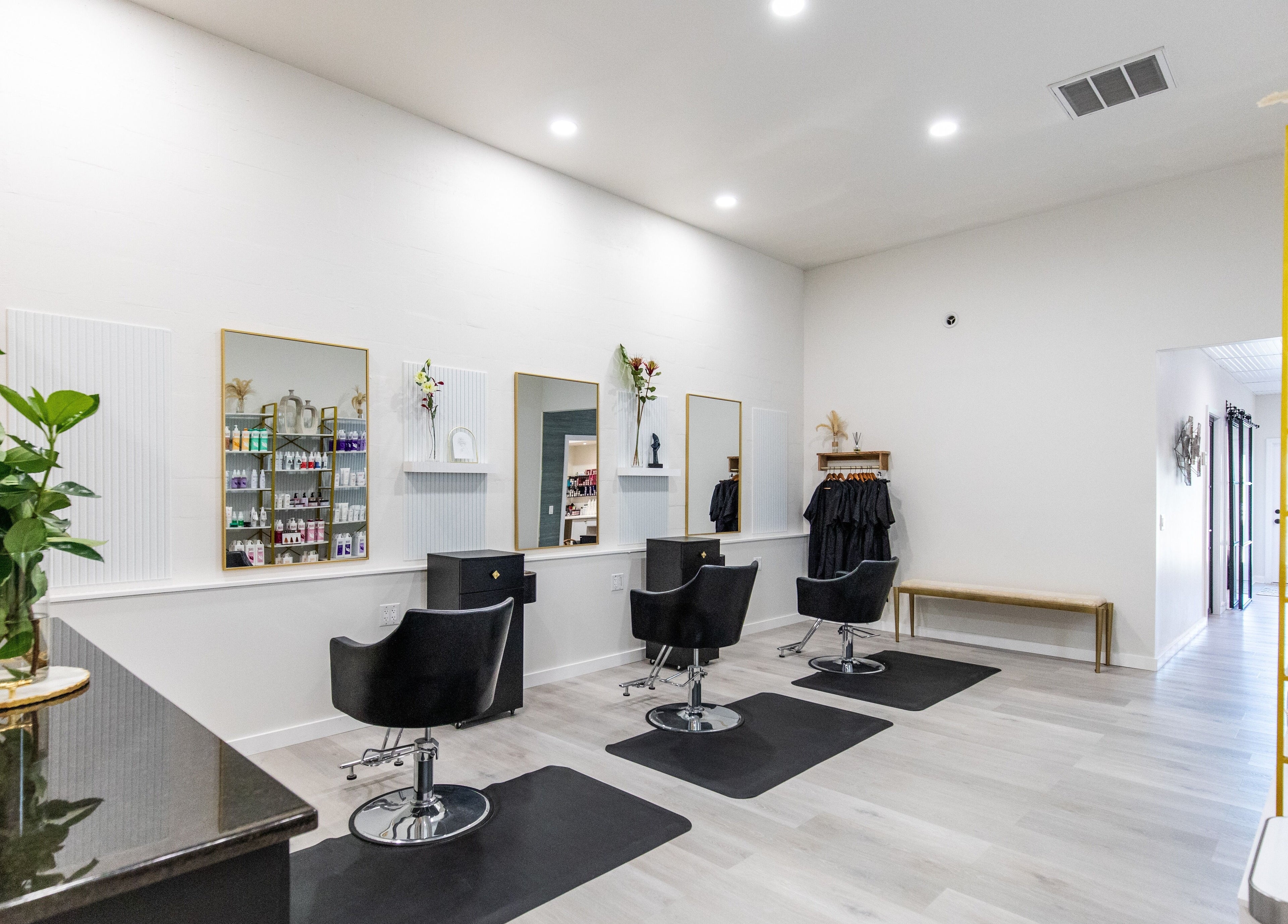 Interior of Elysian Salon and Spa in Vero Beach, Florida, showcasing elegant styling stations and modern decor.