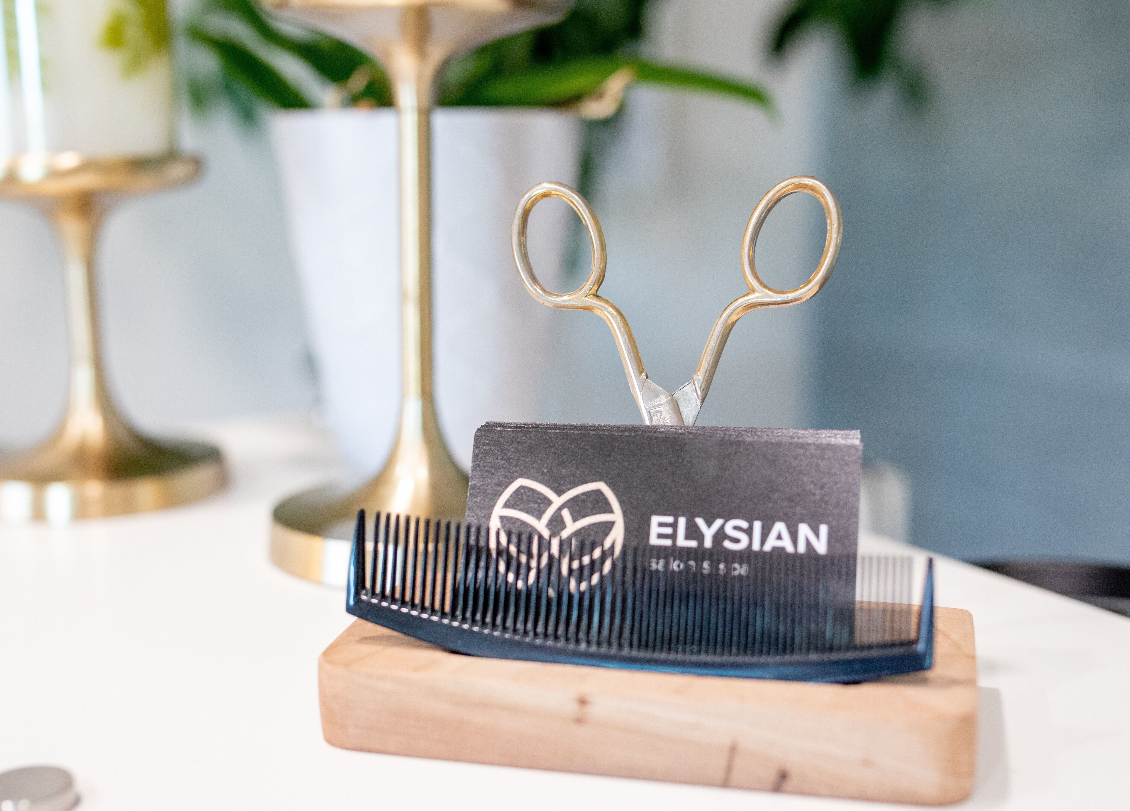 Elegant display at Elysian Salon and Spa, Vero Beach, Florida, US with scissors and comb on a stylish stand.
