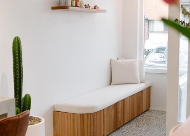 Relaxing lounge area at Emily Ferguson Salon ES, Collaroy Plateau, New South Wales, AU.