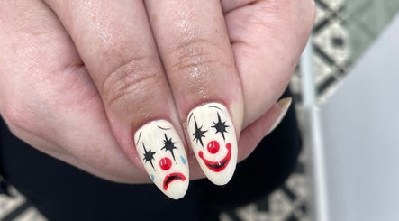 Creative clown-themed nail art design at BN STUDIO, Coventry, England, GB.