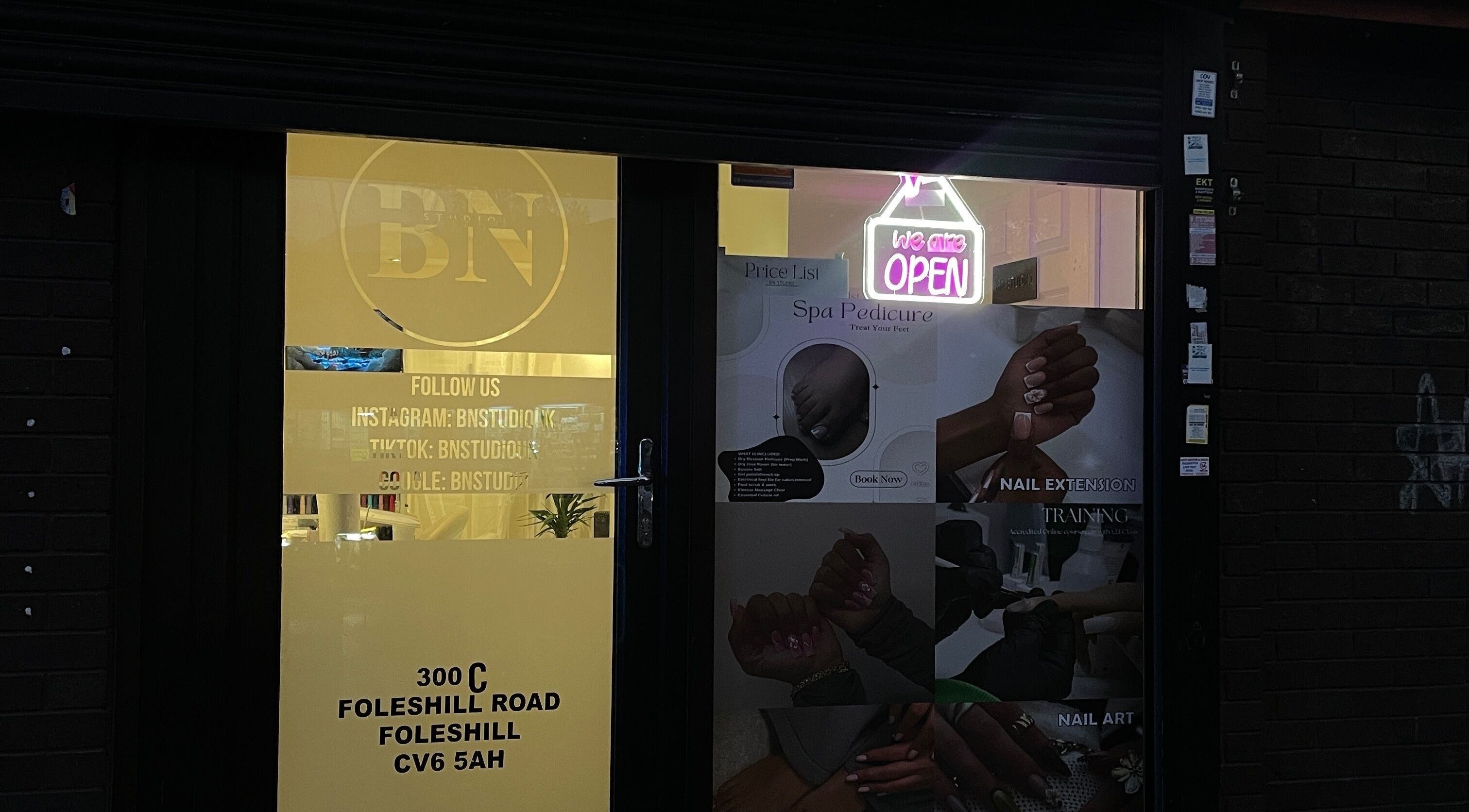 Entrance of Bn Studio, a beauty retreat in Coventry, England, GB, featuring spa and nail services.